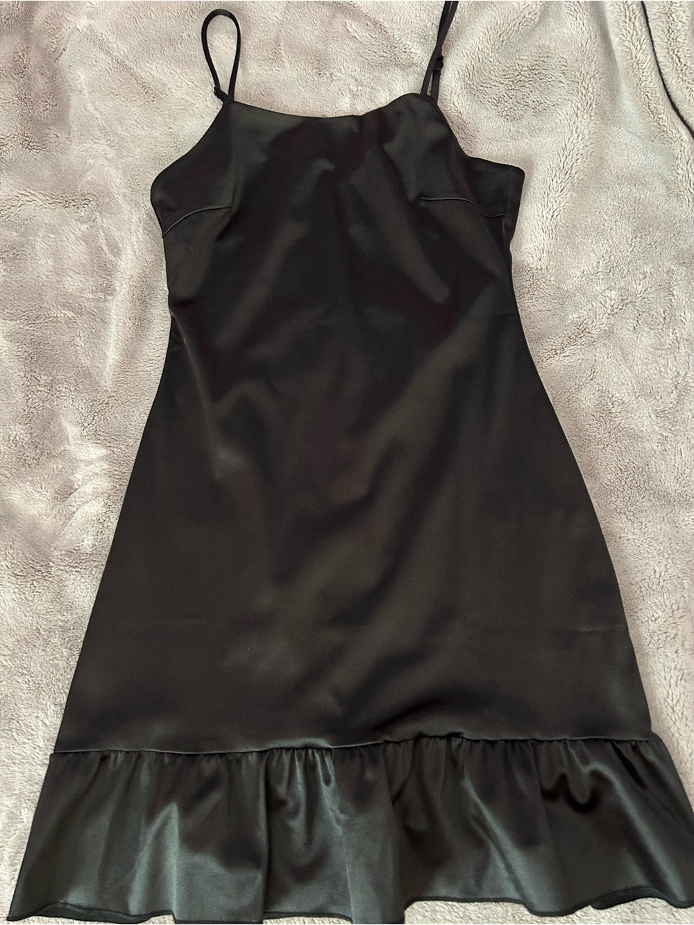 Black Satin Ruffle-Hem Slip Dress